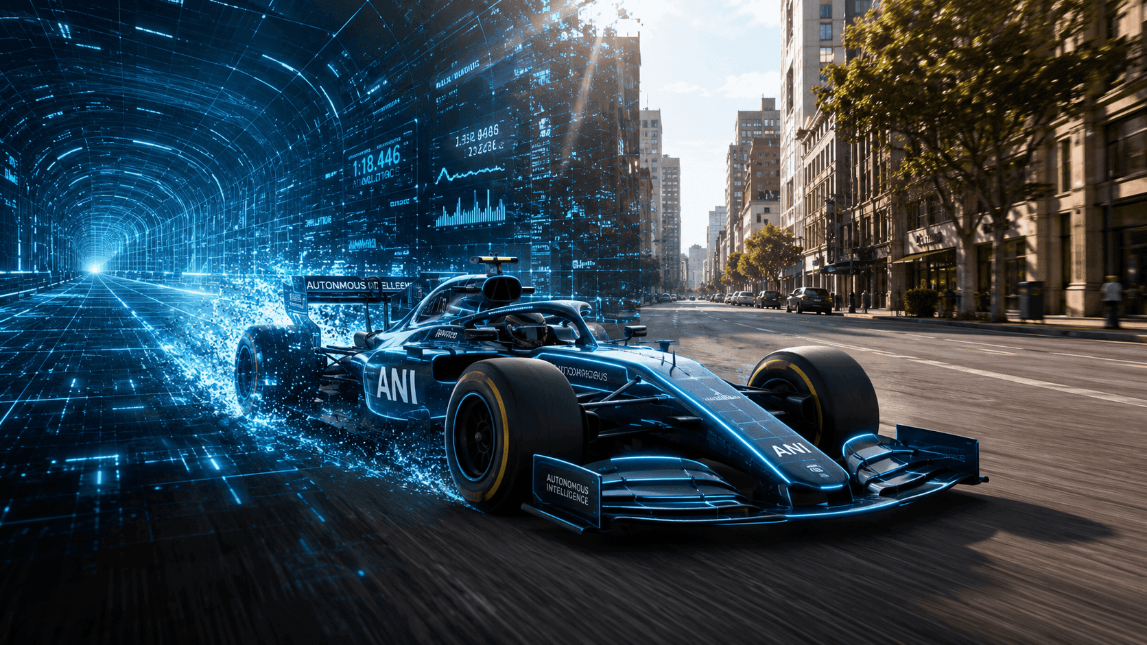 An F1 car emerging from a blue digital tunnel onto a real, sunlit city street